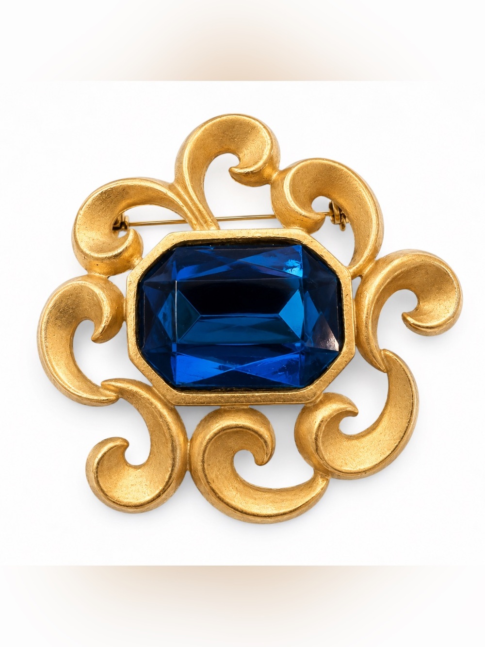 Vintage Gold Tone Blue Faceted Glass Statement Brooch – Ornate Scroll Design